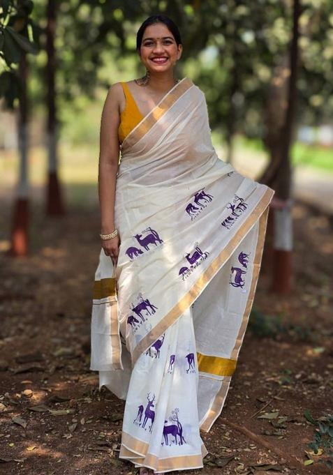 White Printed Cotton Saree Set