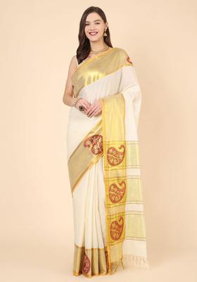 Off White Woven Design Cotton Saree Set