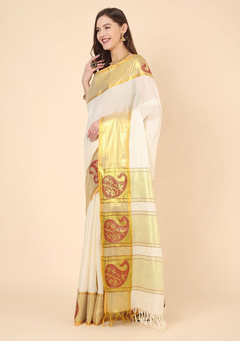 Off White Woven Design Cotton Saree Set - Indya