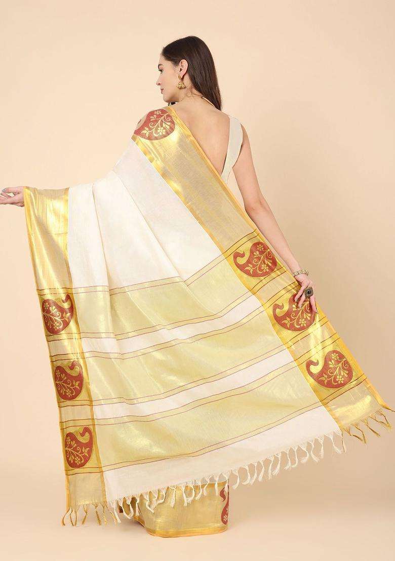 Off White Woven Design Cotton Saree Set - Indya