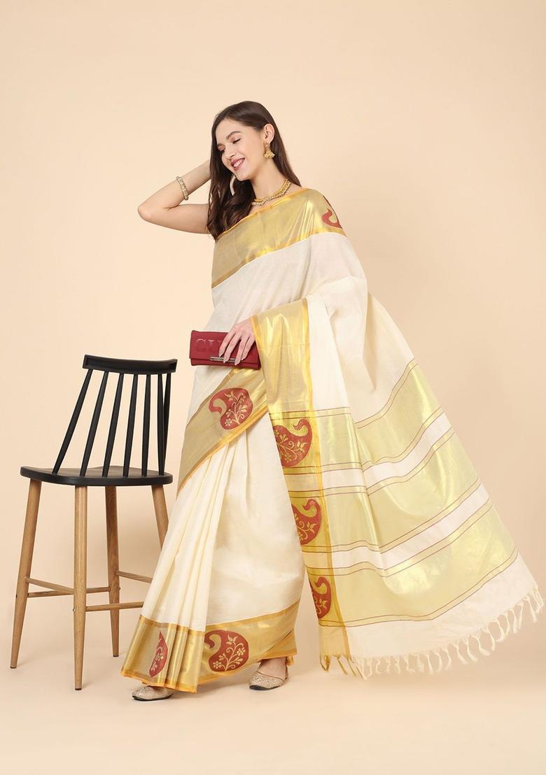 Off White Woven Design Cotton Saree Set - Indya