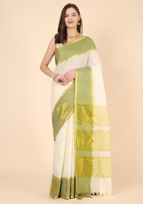 Off White Solid Cotton Saree Set