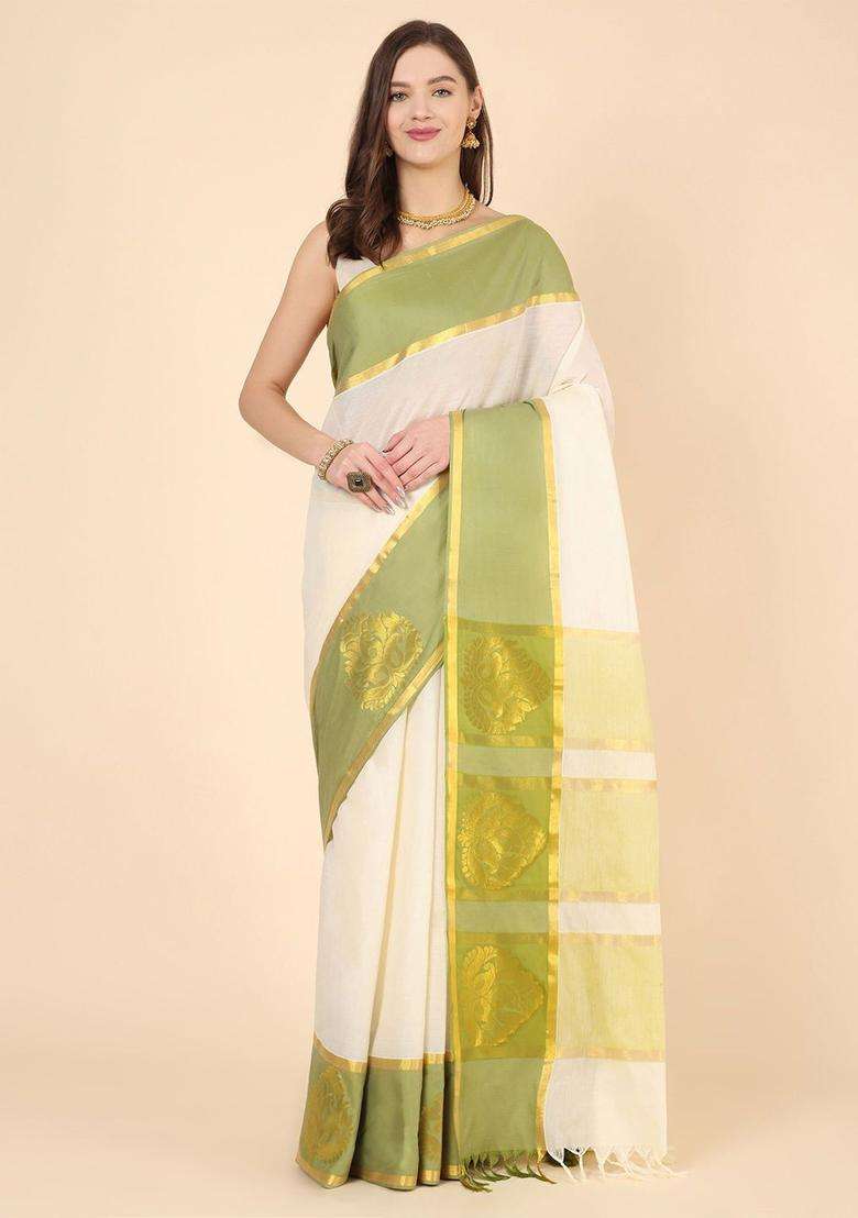 Off White Solid Cotton Saree Set for Diwali | Wedding & Festive Wear - Indya