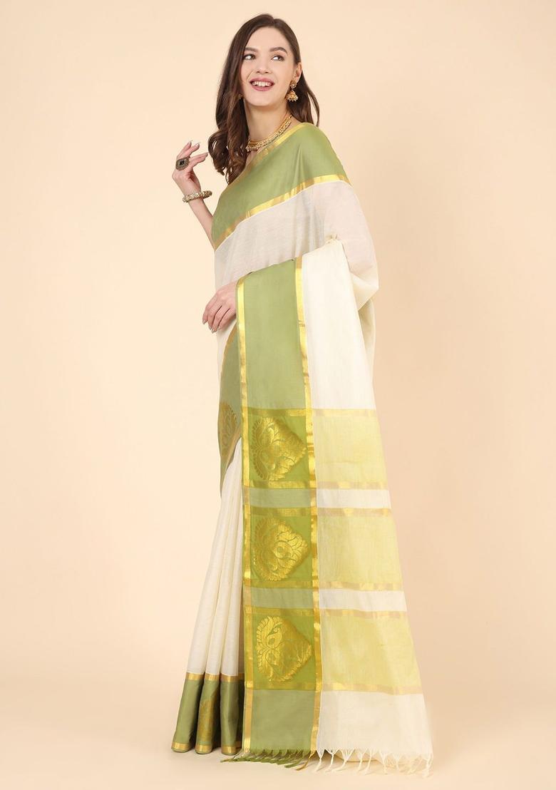 Off White Solid Cotton Saree Set - Indya