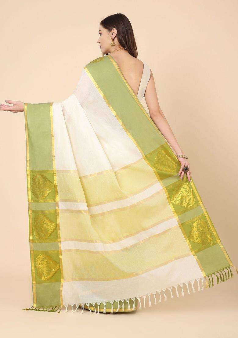 Off White Solid Cotton Saree Set for Diwali | Wedding & Festive Wear - Indya