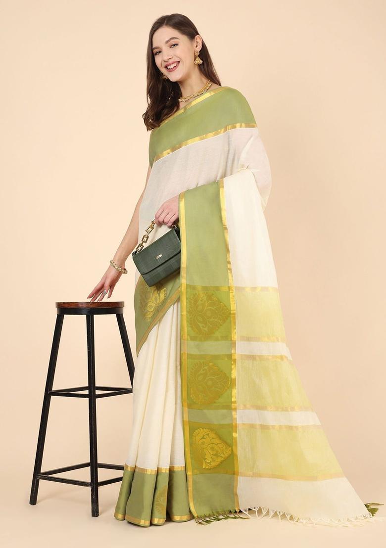 Off White Solid Cotton Saree Set - Indya