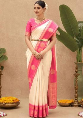 Off White Woven Design Silk Saree Set