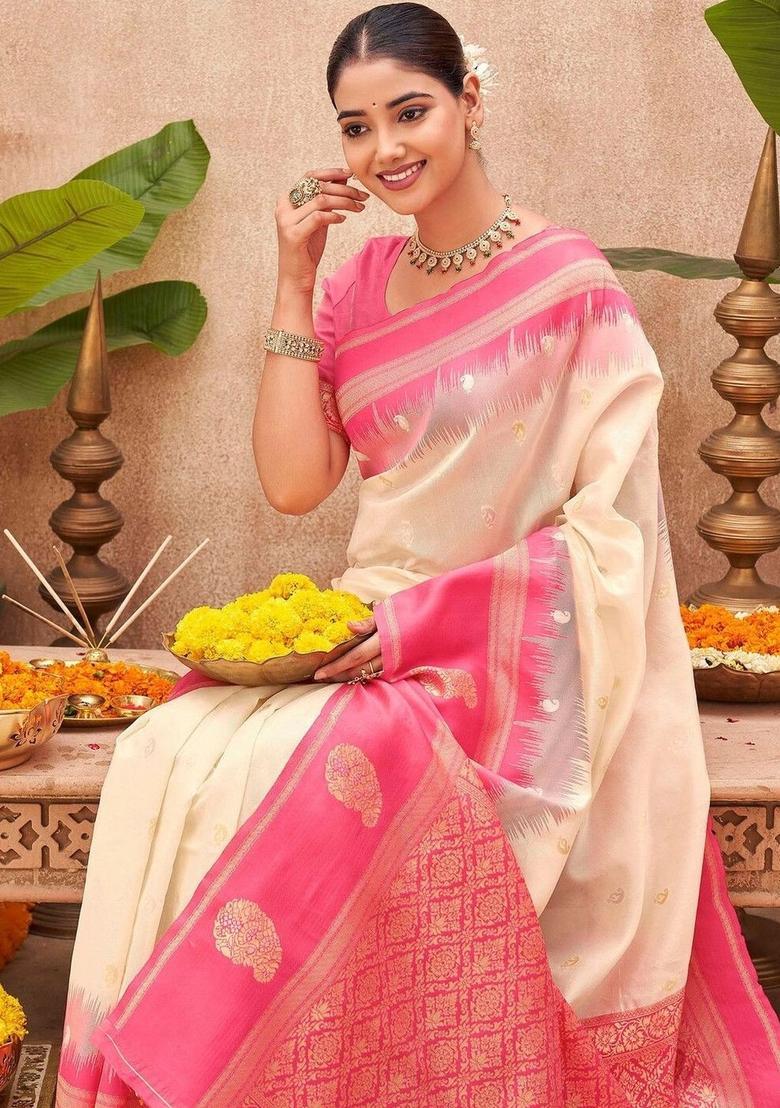 Off White Woven Design Silk Saree Set - Indya