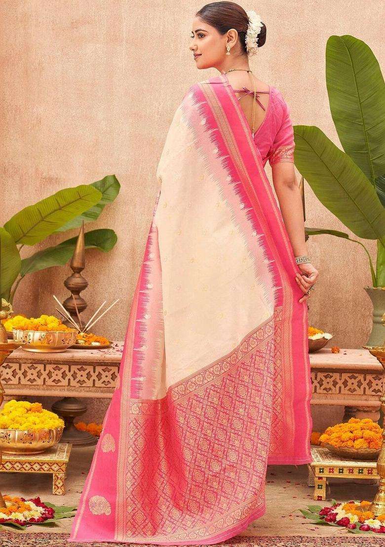 Off White Woven Design Silk Saree Set for Diwali and Festive Wear - Indya