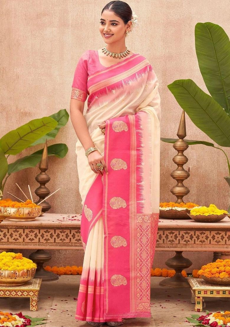 Off White Woven Design Silk Saree Set - Indya
