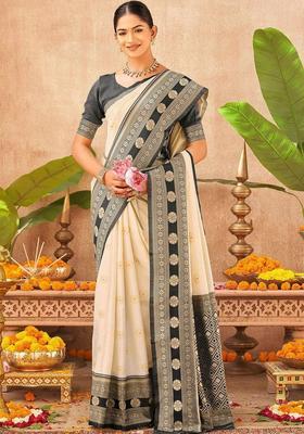 Off White Woven Design Silk Saree Set
