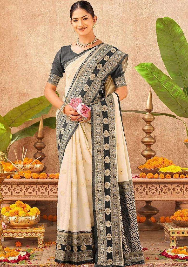 Off White Woven Design Silk Saree Set for Diwali | Wedding & Festive Wear - Indya