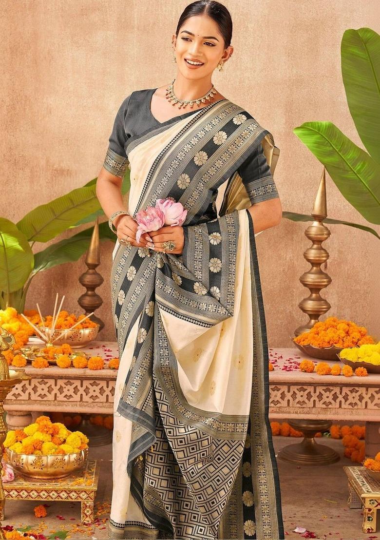 Off White Woven Design Silk Saree Set - Indya
