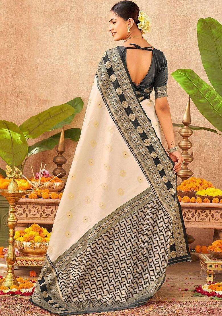 Off White Woven Design Silk Saree Set for Diwali | Wedding & Festive Wear - Indya