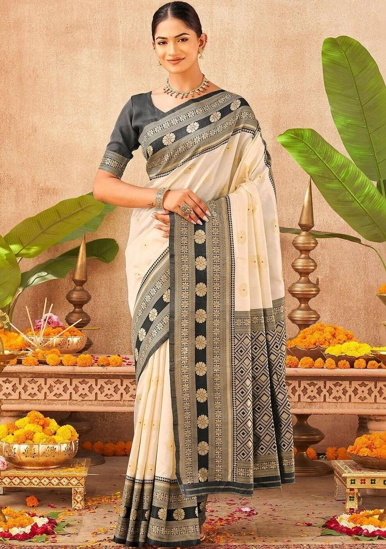 Off White Woven Design Silk Saree Set - Indya