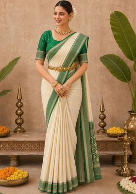 Off White Woven Design Silk Saree Set