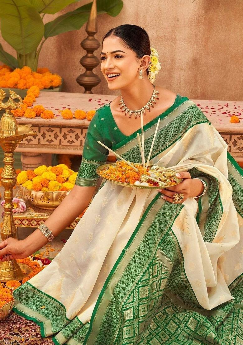 Off White Woven Design Silk Saree Set - Indya
