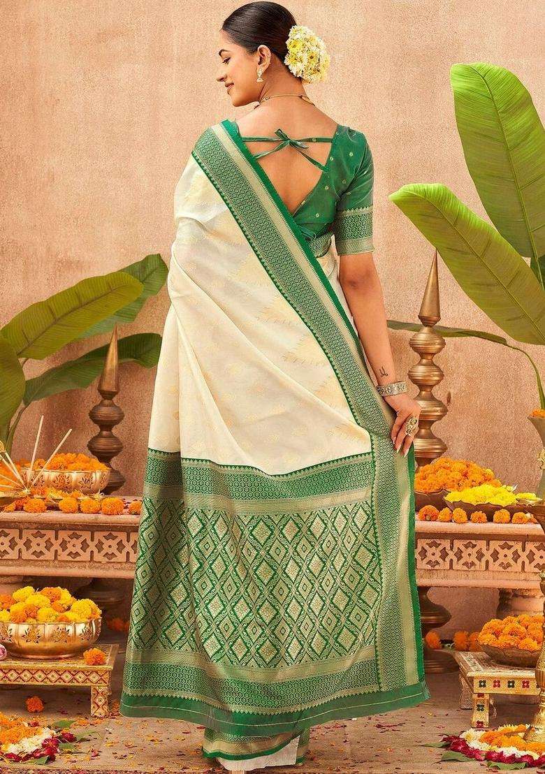 Off White Woven Design Silk Saree Set for Diwali and Festive Wear - Indya