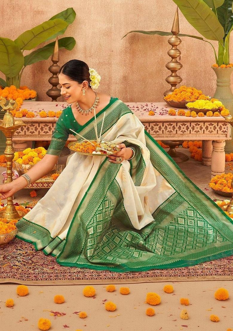Off White Woven Design Silk Saree Set - Indya