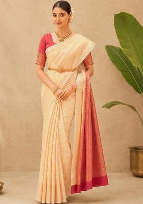 Cream Woven Design Silk Saree Set