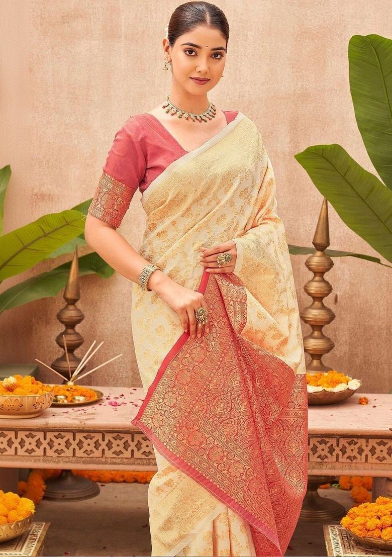 Cream Woven Design Silk Saree Set - Indya