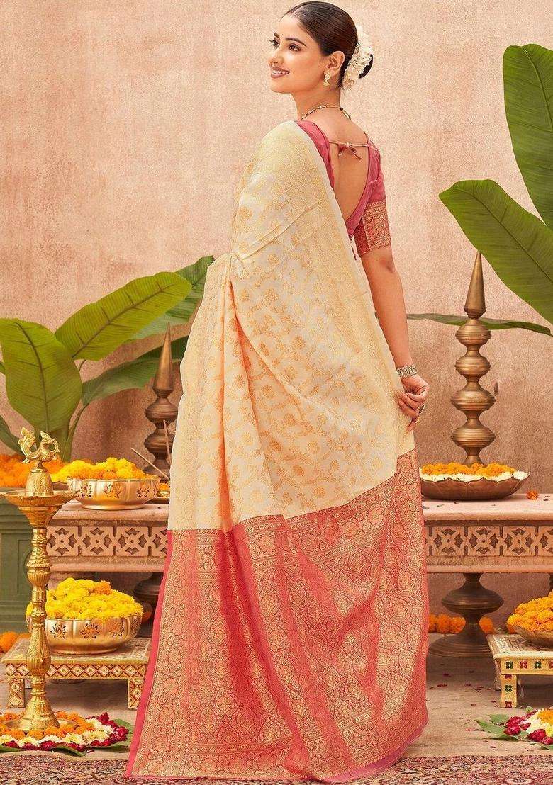 Cream Woven Design Silk Saree Set for Diwali and Festive Wear - Indya