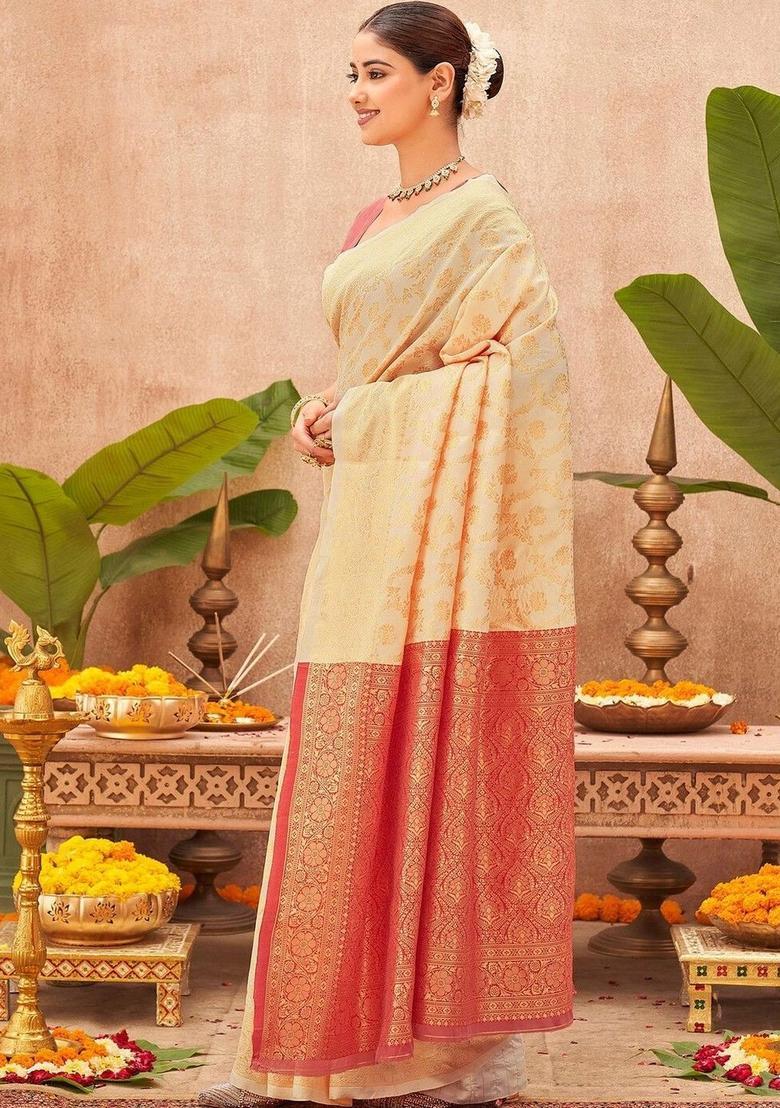 Cream Woven Design Silk Saree Set - Indya