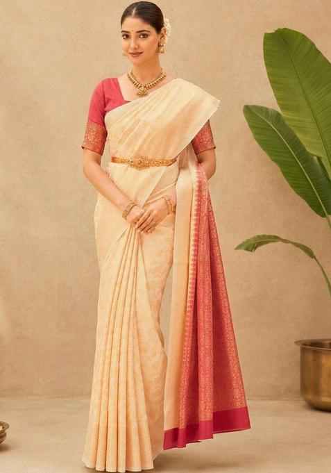 Cream Woven Design Silk Saree Set
