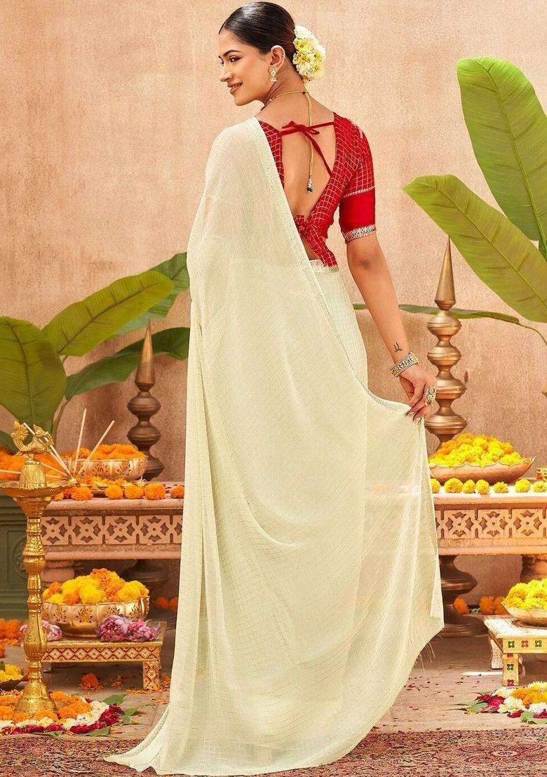 Off White Woven Design Georgette Saree Set for Diwali and Festive Wear - Indya