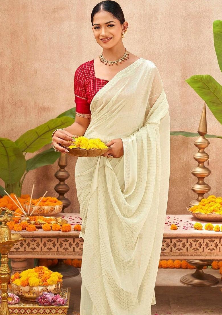 Off White Woven Design Georgette Saree Set - Indya