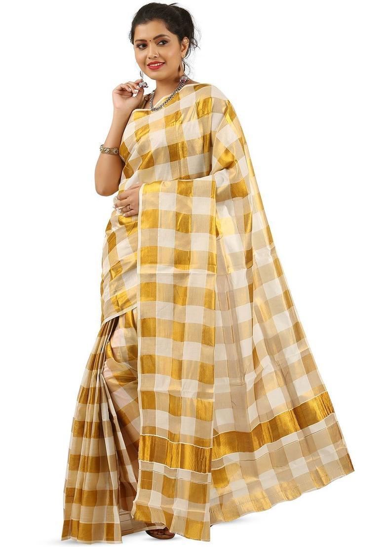 Off White Woven Design Cotton Saree Set - Indya
