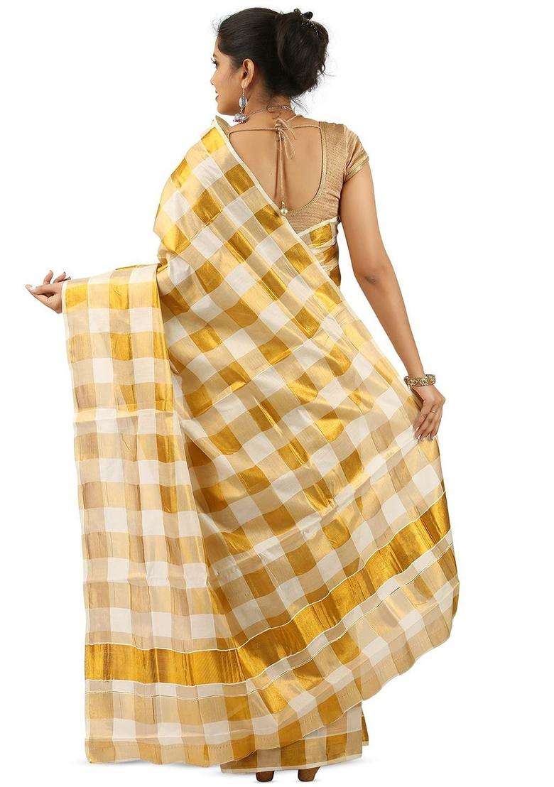 Off White Woven Design Cotton Saree Set for Diwali and Festive Wear - Indya