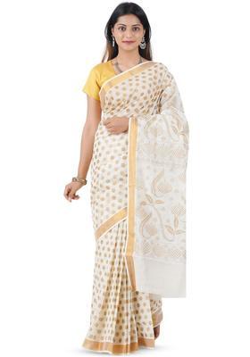 Off White Woven Design Cotton Saree Set
