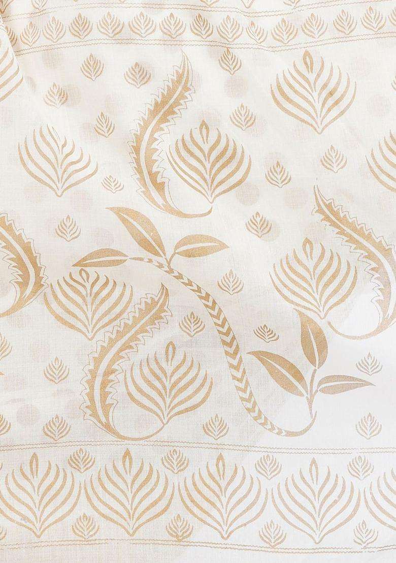 Off White Woven Design Cotton Saree Set for Diwali and Festive Wear - Indya