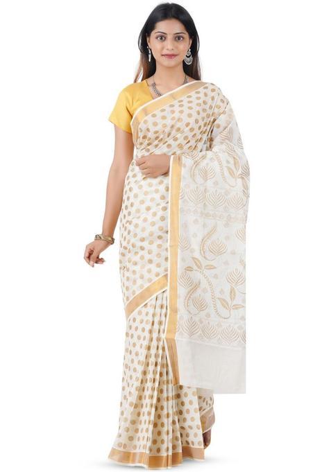 Off White Woven Design Cotton Saree Set