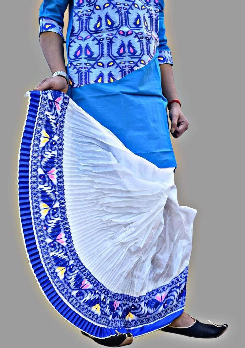 White Printed Silk Dhoti For Men  - Indya