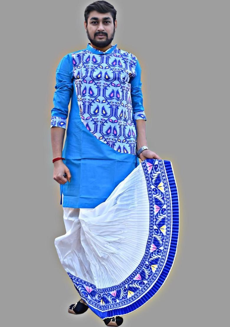 White Printed Silk Dhoti For Men  - Indya