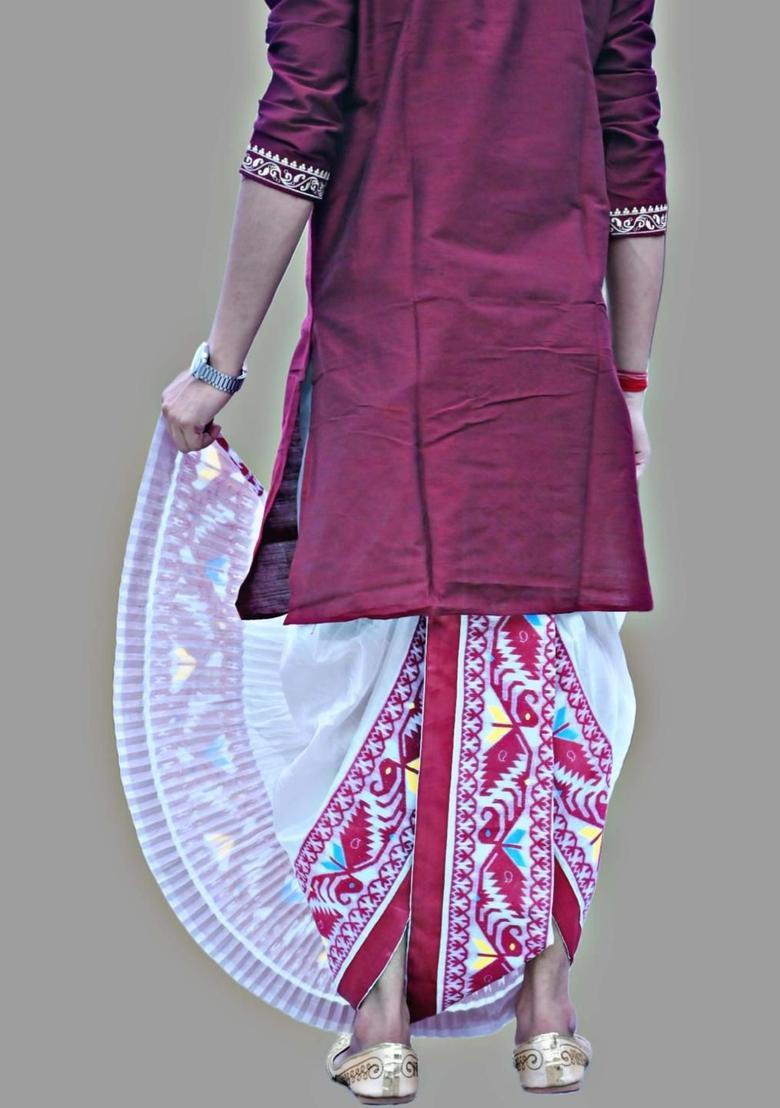 White Printed Silk Dhoti For Men  - Indya