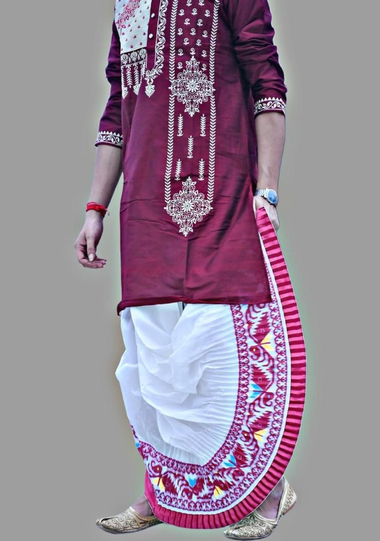 White Printed Silk Dhoti For Men  - Indya