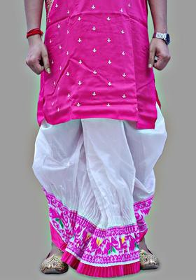 White Printed Silk Dhoti For Men 