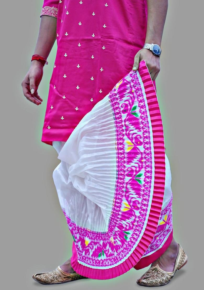 White Printed Silk Dhoti For Men  - Indya