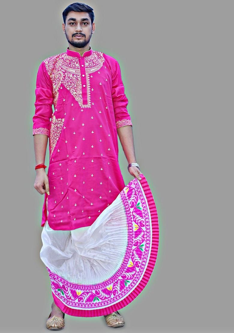 White Printed Silk Dhoti For Men  - Indya