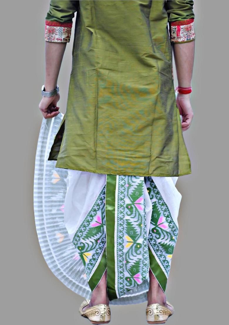 White Printed Silk Dhoti For Men  - Indya