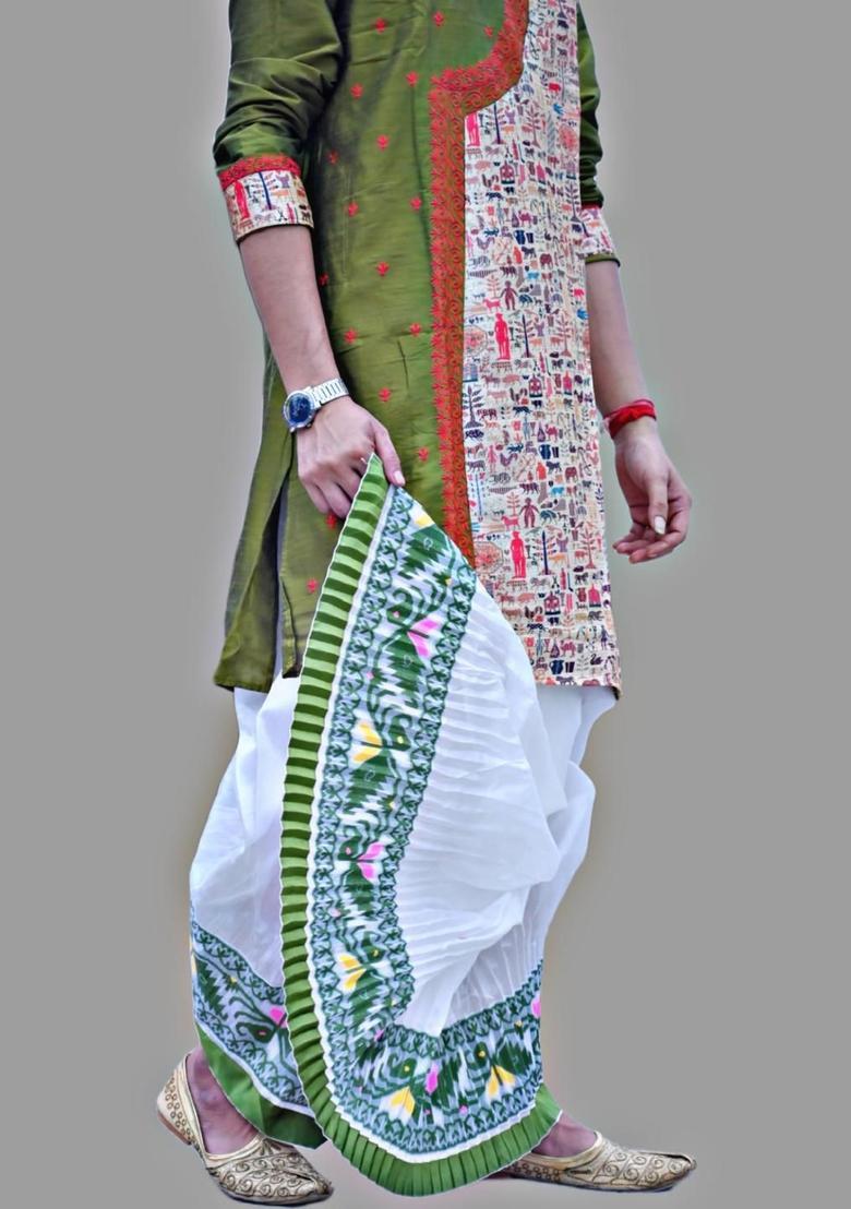 White Printed Silk Dhoti For Men  - Indya