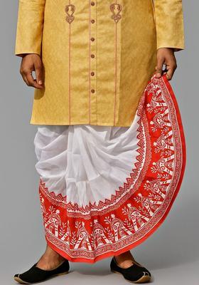 White Printed Silk Dhoti For Men 