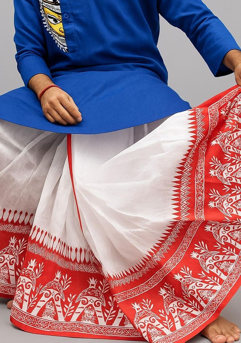 White Printed Silk Dhoti For Men  - Indya