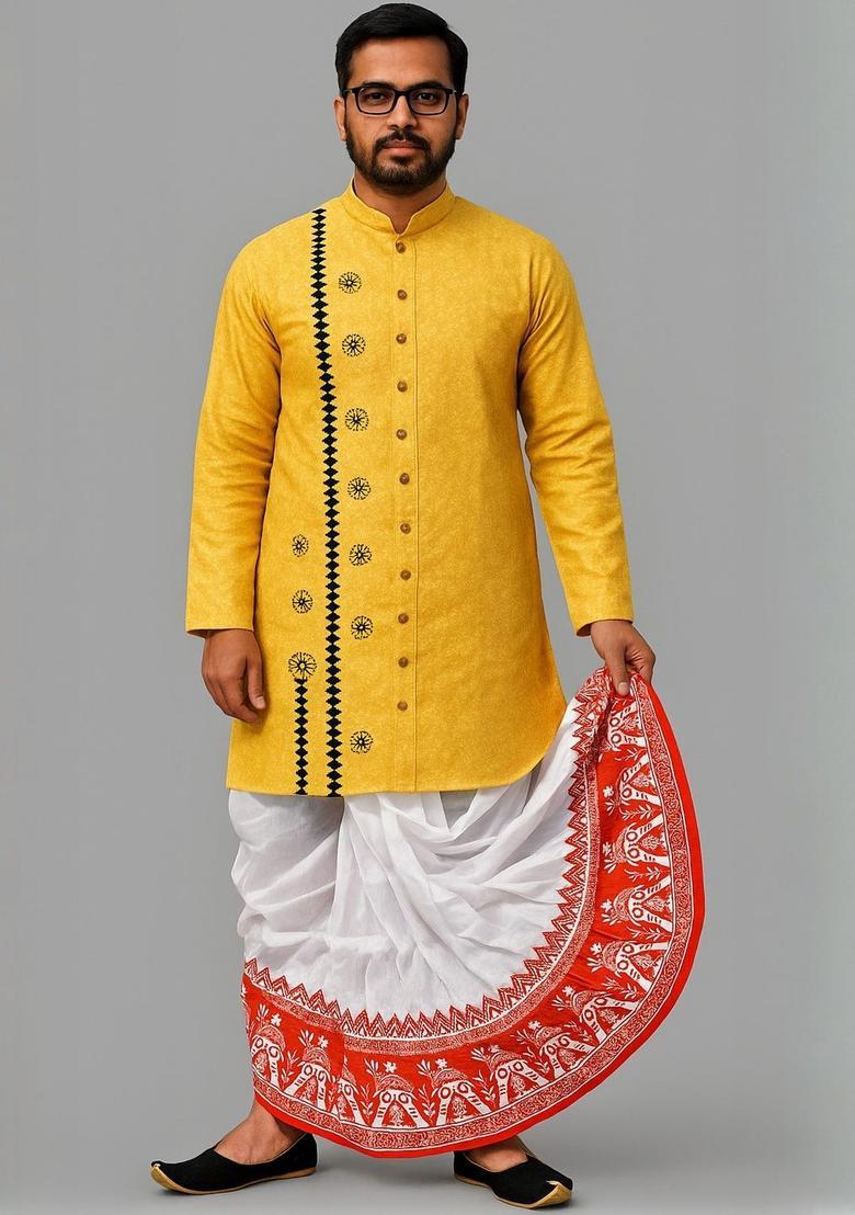 White Printed Silk Dhoti For Men  - Indya