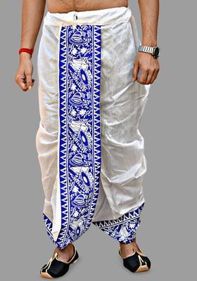 White Printed Silk Dhoti For Men 