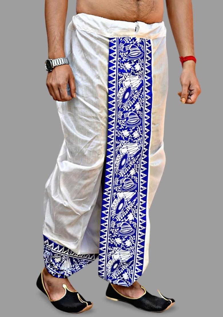 White Printed Silk Dhoti For Men  - Indya