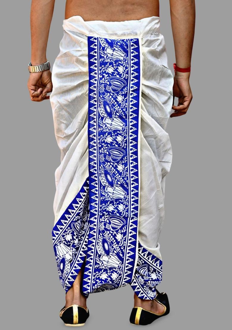 White Printed Silk Dhoti For Men  - Indya